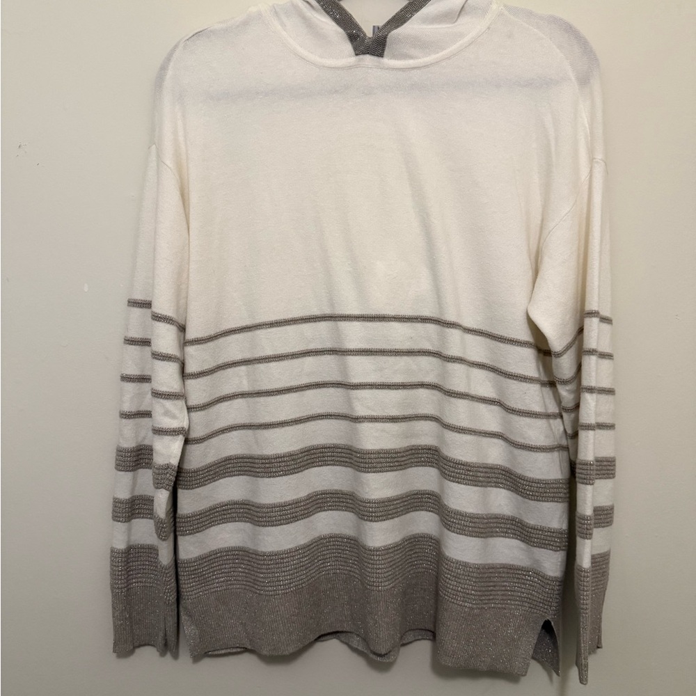 Men's White and Gray Striped Sweater